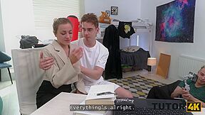 Slutty Tutor With Natural Tits Is Enjoying 2 Hard Cocks During The Lesson