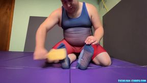 Mature man Gigglemeister wrestled and tickled by chubby bear