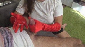 Sensitive handjob with red satin gloves and punish him a