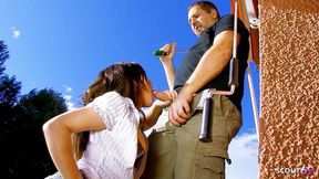 teen who need anal sex seduce older worker to quick fuck near the pool and let him cum in her mouth