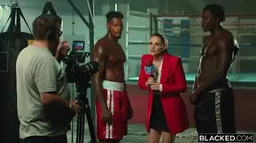 Two world-famous black boxers bang gorgeous reporter