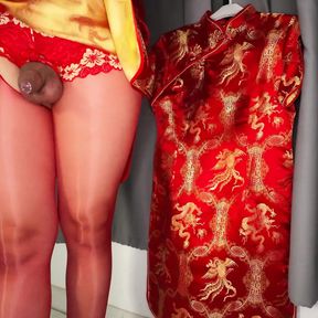 Sisk Crossdresser Masturbation in Red Chinese Dress