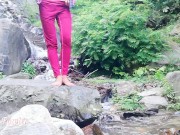 Step Sister pissing in the Waterfall stream and Showing her feet - Angel Fowler