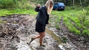Barefoot in mud, messy feet, muddy feet, feet in mud, girl walking barefoot in mud