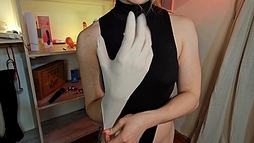 Sloppy blowjob and cum on latex gloves fetish