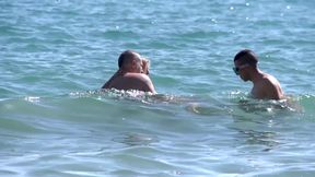 Outdoor DP fuck with blonde milf on the beach