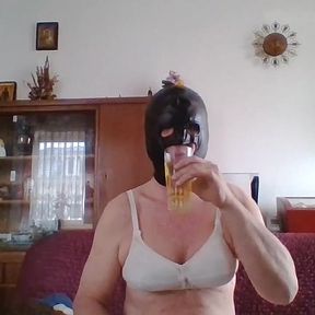 Andreas with Mask and Bra Has Pee and Jerks off