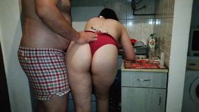 Curvy student fucked in the kitchen by a guy with a big dick&#x1F346;