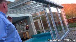 Young Brunette Babes Ride Big Fat Mature Hunk's Cock