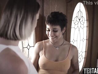 Lesbo blond teen and her large butt Latin chick GF caught and punished by big beautiful woman giant breasts neighbour