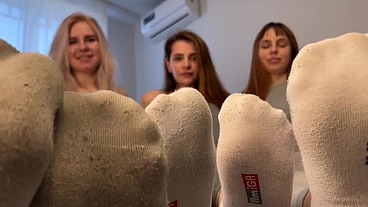 POV Dirty Socks, Bare Feet, Face Busting With Cruel Mistresses