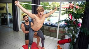 Blond twink is excited for a workout with his new trainer