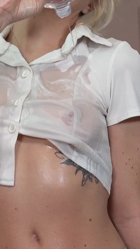 Drenched & Desperate: Student Girl Soaks Her Uniform in Oil