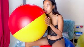 Looner Camylle Sensually Blows Up 2 Of Your Big Beachballs Then Rides And Deflates Them
