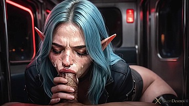 I fucked a blue-haired elf! She acted like a slut and bragged about her nose piercing!! I pounded her with my big cock right on the train, in front of other passengers...[AI]