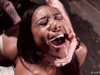 Breathtaking black whore gets vagina finger screwed fastened up on the floor