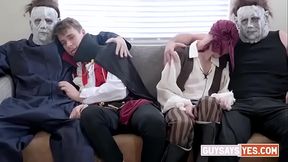 GuySaysYes.com - As a way of making it up, the stepdads put on their best costumes and surprise the boys on the couch.