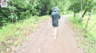 Thai teen flashes her juicy pink pussy in rice field in public
