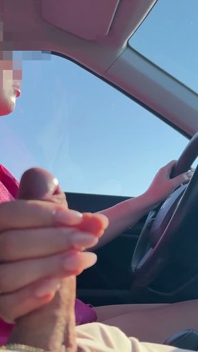Risky Driving Handjob - Stroking Him While Steering   Clip 1