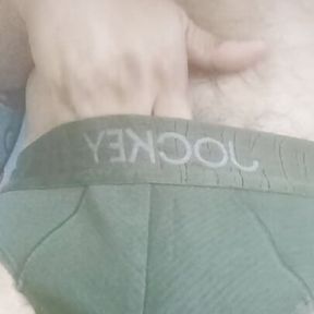 Bulge underwear semi erect penis with big balls