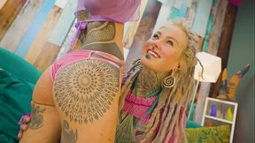 Trans Dark Leaves first time porn with Heavily tattooed couple. ATM, Facial,