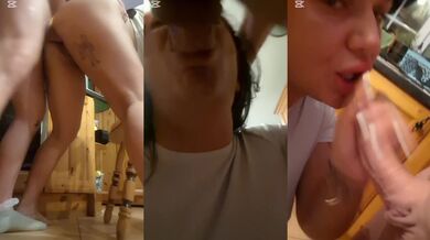 Hubby fucks milf in the kitchen with sloppy blow job ending