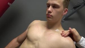 East Boys: Hairy muscle gay POV handjob on webcam
