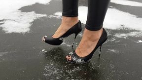 Stilettos on ice, high heels on ice, high heels on snow, sliding heels on ice, shoes in snow, barefoot snow