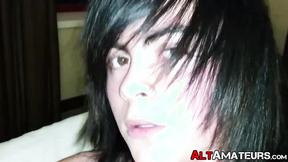 ”Horny goth twink whips out his prick for sexy masturbation”