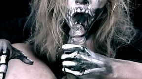 Skeleton chick gives a spooky deepthroat treat!