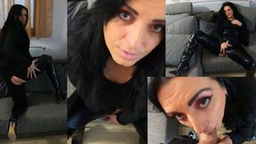 Leather-Clad American MILF Gets Cum on Her Fur Vest After a Deep Blowjob