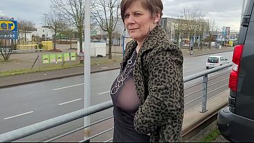 Braless with sheer top in the street