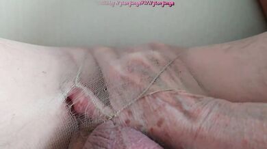 Masked granny 60 with nylon pantyhose gets her big tits off