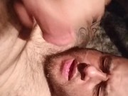 Tattooed, mohawk dude with his own cum all over his face