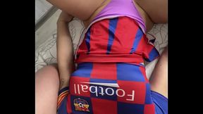 Hot cheerleader with a big ass fucks two cocks