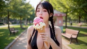 sexy asian girl in black mini & heels park walk - ice cream tease & facial fuck ai generated