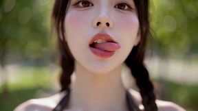 sexy asian girl in black mini & heels park walk - ice cream tease & facial fuck ai generated