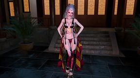 Confident seductress moves in the dark with bold traditional attire