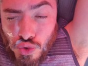 SELF FACIAL on my truck, Sucking my own balls & cock