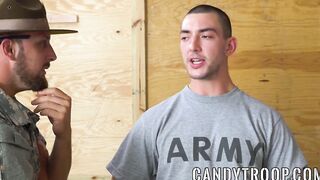 Muscle military studs pounding hard while sergeant watches