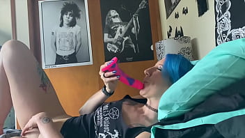 Mutual Masturbation with Girlfriend in Bed Dildo Fucking Sucking JOI Tattooed Blue Haired Babe