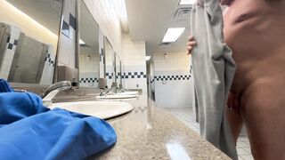 Switching clothes totally nude in public toilet. My fave thing!