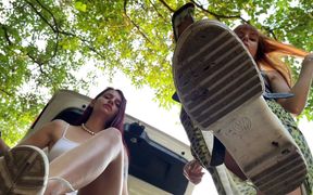 Two Mistresses POV Foot Domination and Spitting Double Femdom Outdoor