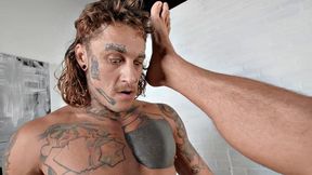 Dominant jock with tattoos barebacks businessman