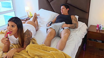 No panties!! Mutual masturbation! Stepsister wants to share a bed and ends up taking a dildo in her tight pussy