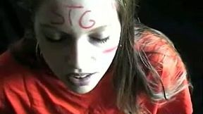Light haired dirty slut with ugly mouth gives powerful cock suck