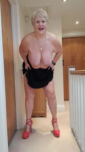 Short Skirt, Red Stilettos, No Panties