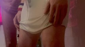 amateur boy dared to piss on his own body (with undies and tshirt) next to his hard naked flatmate
