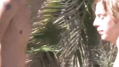 Pool boy swallows a hard cock and gets fucked outside