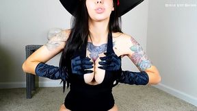 Amateur GF gives a sensual blowjob with satin gloves on while following